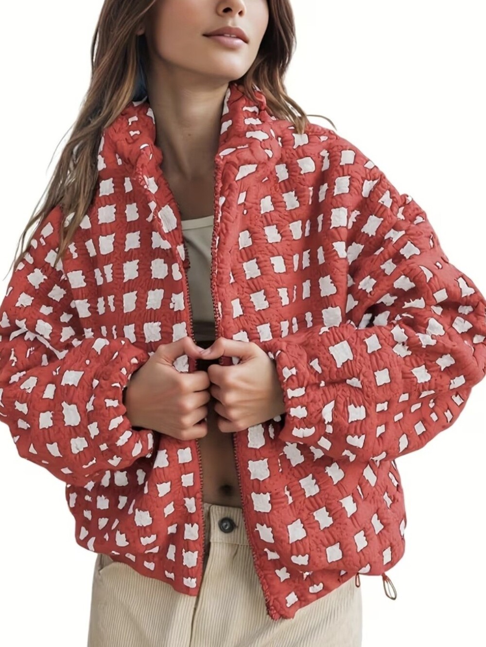 Women'S Sherpa Jacket Long Sleeve Zip Up Cropped Fuzzy Coat | Checkered Pattern